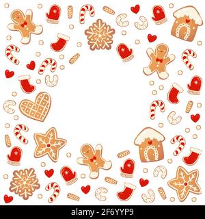 Biscotti natalizi con pan di zenzero, cornice rotonda isolata. Elementi di progettazione del nuovo anno. Illustrazione vettoriale disegnata a mano da cartoni animati Illustrazione Vettoriale