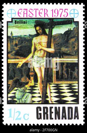 MOSCA, RUSSIA - 18 GENNAIO 2021: Francobollo stampato a Grenada mostra 'sangue del Redentore' (Giovanni Bellini), serie di Pasqua, circa 1975 Foto Stock