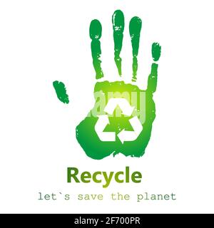 Mani allungate con il simbolo di riciclaggio. Concetto di ecologia. Il concetto salva la terra o arresta il riscaldamento globale. Proteggere la natura, salvare il mondo. Stile piatto. Illustrazione Vettoriale