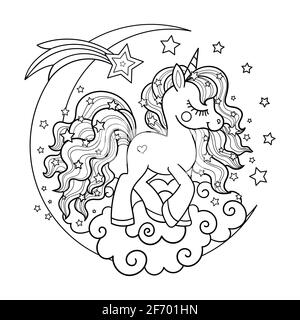 Carino unicorno sulla luna. Colorazione in bianco e nero per bambini. Vettore Illustrazione Vettoriale