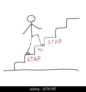 Una figura disegnata a mano di un piccolo uomo sale le scale. Passo dopo passo. Scala di successo, carriera o promozione. Il percorso verso l'obiettivo. Stile piatto. Illustrazione Vettoriale