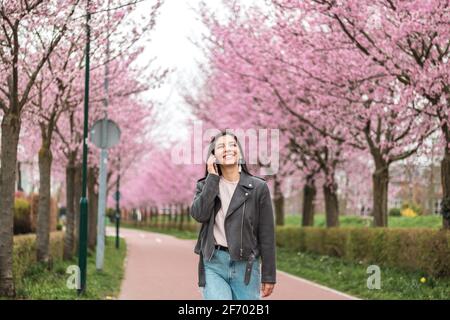 giovane donna allegra e fiduciosa di etnia mista telefona con amici o parenti amati che camminano da soli in fiore parco con alberi rosa Foto Stock