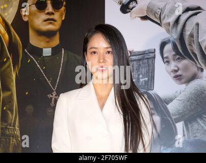 Seoul, Corea del Sud. 01 Aprile 2021. L'attrice sudcoreana Ahn Ji-Hye pone per i fotografi durante l'anteprima stampa di 'Slate'.UN film d'azione fantasy sudcoreano, Slate è stato presentato in anteprima al Lotte Cinema e sarà rilasciato il 08 aprile 2021. (Foto di Jaewon Lee/SOPA Images/Sipa USA) Credit: Sipa USA/Alamy Live News Foto Stock