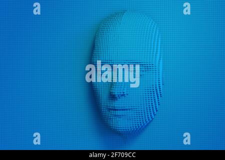 Volto umano composto da cubi blu. Concetto di intelligenza artificiale. illustrazione 3d. Foto Stock