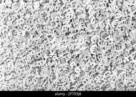 I segni bianchi delle valute mondiali in tre dimensioni di sfondo. illustrazione 3d. Foto Stock