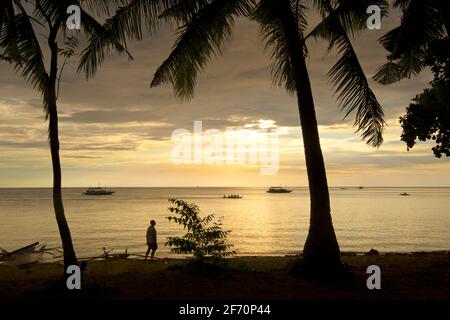 Silhouette di palme e un viaggiatore solitario che guarda al mare. Tramonto, Malapascua Island, Cebu, le Filippine. Foto Stock