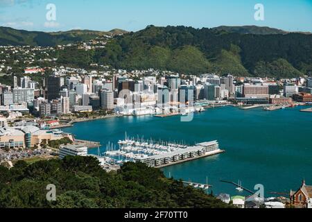 Wellington, la capitale della Nuova Zelanda, in una buona giornata, vista dal Monte Victoria Lookout Foto Stock