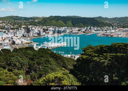 Wellington, la capitale della Nuova Zelanda, in una buona giornata, vista dal Monte Victoria Lookout Foto Stock