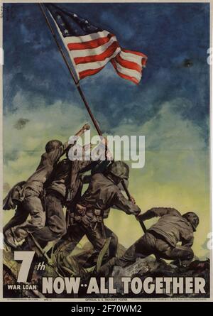 Un poster della seconda guerra mondiale che fa pubblicità al prestito DELLA SETTIMA guerra E mostrando l'immagine Rosenthal della bandiera che si alza Iwo Jima Foto Stock
