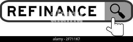 Cerca banner in rifinanziamento parole con l'icona della lente di ingrandimento con la mano sopra su sfondo bianco Illustrazione Vettoriale