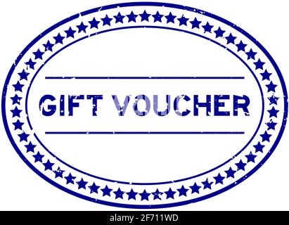 Grunge blu gift voucher parola ovale sigillo di gomma timbro on sfondo bianco Illustrazione Vettoriale