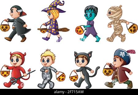 Illustrazione vettoriale di Happy Halloween. Set di simpatici cartoni animati bambini in costumi di Halloween Illustrazione Vettoriale