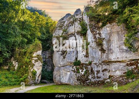 Porta di Cracovia - Brama Krakowska - porta di pietra calcarea Jurassic Formazione nella valle del torrente Pradnik di Cracovia-Czestochowa in Ojcow Nella Polonia minore Foto Stock