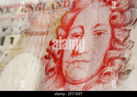 Dettaglio di una banconota da cinquanta sterline della Banca d'Inghilterra. Questa è la più grande nota di valore in circolazione nel Regno Unito. L'immagine sul retro della nota i Foto Stock