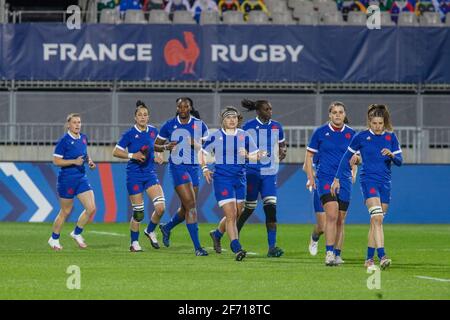 Francia giocatori prima del 2021 Women's Six Nations, partita di rugby tra Francia e Galles il 3 aprile 2021 allo stadio la Rabine di Vannes, Francia - Foto Damien Kilani / DK Prod / DPPI Foto Stock