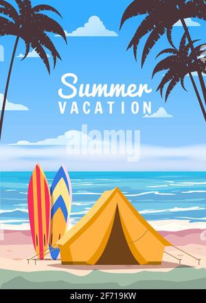 Tenda turistica campeggio sulla spiaggia tropicale, tavole da surf, palme. Estate vacanza costa spiaggia mare, oceano, surf, viaggio, tramonto Illustrazione Vettoriale