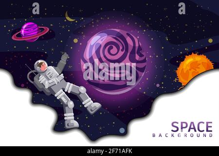 Carta di sfondo spaziale con spaceman, buco nero, pianeti, stelle. Sagoma dello spazio panoramico Austronaut. Banner, vettore, cartoni animati isolati stile piatto Illustrazione Vettoriale