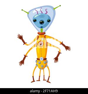 Alieno in una tuta spaziale, un fantastico personaggio umanoide divertente, un mostro. Illustrazione vettoriale stile cartoon isolato Illustrazione Vettoriale