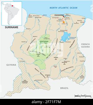 Mappa vettoriale dettagliata dello stato sudamericano del Suriname Illustrazione Vettoriale