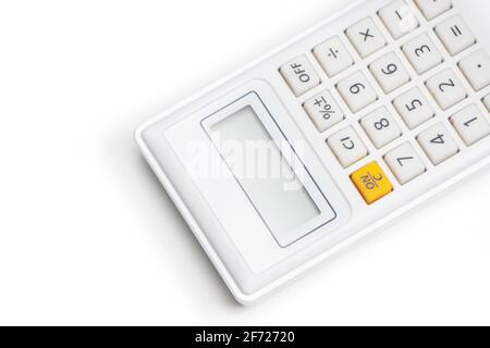 calcolatrice isolata su sfondo bianco, dispositivo per il calcolo dei numeri. Foto Stock