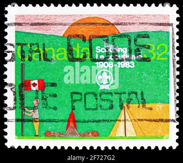 MOSCA, RUSSIA - 28 FEBBRAIO 2021: Francobollo stampato in Canada mostra Scouting, circa 1983 Foto Stock