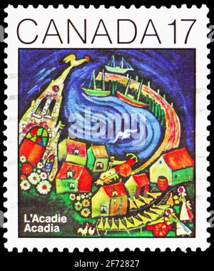 MOSCA, RUSSIA - 28 FEBBRAIO 2021: Francobollo stampato in Canada mostra Comunità Acadiana, circa 1981 Foto Stock
