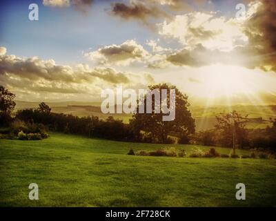 Regno Unito, Sud Devon paesaggio rurale in luce posteriore con raggi di sole Foto Stock