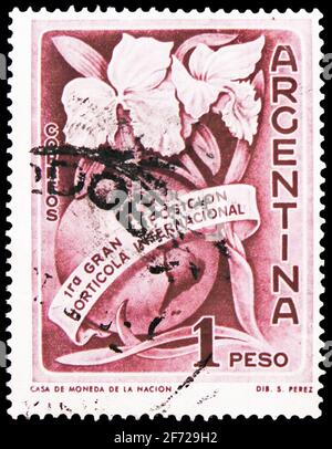 MOSCA, RUSSIA - 28 FEBBRAIO 2021: Francobollo stampato in Argentina mostra Orchid Cattleya labiata, International Horticultural Expo serie, circa 19 Foto Stock