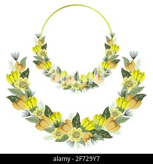 Set di cornici floreali Vector, fiori carini con cornice circolare dorata e corona. Illustrazione Vettoriale