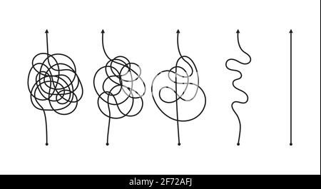 Caos semplificazione, risoluzione dei problemi e ricerca di soluzioni aziendali insieme di illustrazioni vettoriali di concetto di sfida. Modo semplice e complesso dall'inizio t Illustrazione Vettoriale