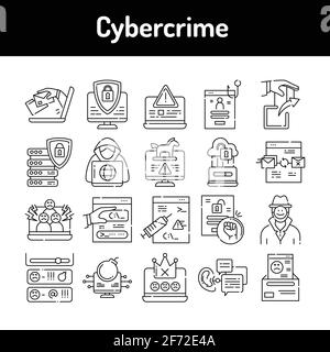 Set di icone della linea cybercrime. Elemento vettoriale isolato. Pittogrammi di contorno per pagina web, app mobile, promo. Tratto modificabile. Illustrazione Vettoriale