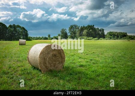 Fieno balla su un prato e nuvole sul cielo Foto Stock