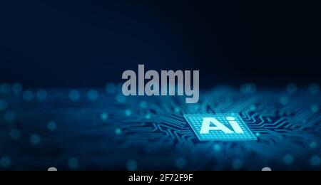 Chipset ai sulla scheda a circuiti stampati del computer. Intelligenza artificiale, data mining e tecnologia informatica moderna per il deep learning. Concetto CPU ai. Rendering 3D Foto Stock