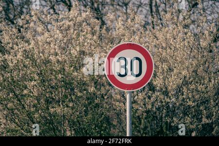 segnale stradale tedesco per limite di velocità 30 km/h. Foto Stock