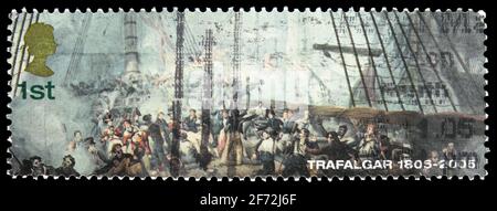 MOSCA, RUSSIA - 22 DICEMBRE 2020: Francobollo stampato nel Regno Unito mostra Battaglia di Trafalgar, serie bicentenaria, circa 2005 Foto Stock