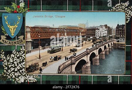 Cartolina c. 1910 che mostra il traffico che attraversa Jamaica Bridge (conosciuto anche come Glasgow Bridge), Glasgow. Foto Stock
