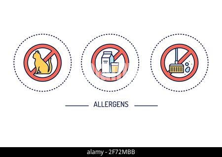 Set di icone di colore delle linee allergeniche. Senza glutine, polvere, allergia al gatto. Illustrazione Vettoriale