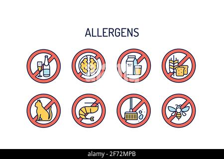 Set di icone di colore delle linee allergeniche. Pittogramma per pagina web, app mobile, promo. Illustrazione Vettoriale