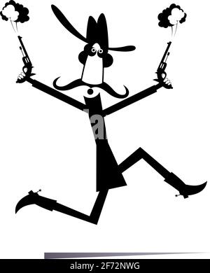 Uomo o cowboy con illustrazione di due pistole. L'uomo dei cartoni animati che corre indossa un cappello Stetson tiene le pistole in entrambe le mani nero su bianco Illustrazione Vettoriale