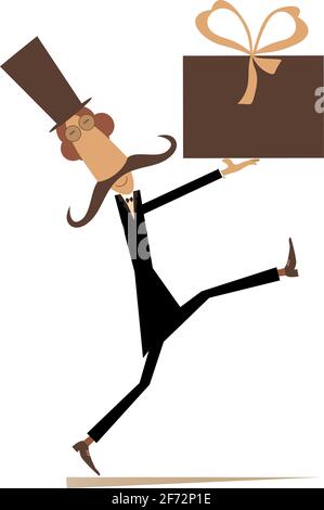 Baffi uomo nel cappello che porta enorme presente scatola con illustrazione del nastro Illustrazione Vettoriale