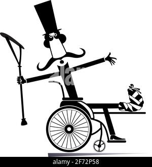 Allegro Signore lungo baffuto nel cappello con bendaggi sulla mano e la gamba tiene crutch e si siede in sedia a rotelle sembra nero felice su bianco Illustrazione Vettoriale