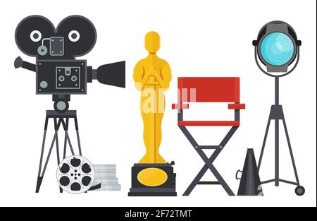 Sedia registi con megafono, proiettore, fotocamera e lavagna Illustrazione Vettoriale