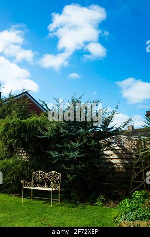 Una panca da giardino in ferro battuto dipinta di giallo in un angolo soleggiato di un giardino domestico con cielo blu e. nuvole bianche Foto Stock