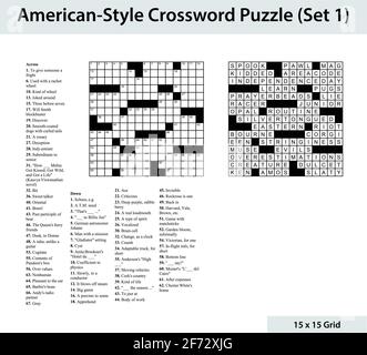 Crossword in stile americano con una griglia 15 x 15. Include griglia di crossword vuota, indizi e soluzione. Illustrazione Vettoriale