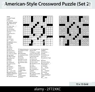 Crossword in stile americano con una griglia 15 x 15. Include griglia di crossword vuota, indizi e soluzione. Illustrazione Vettoriale