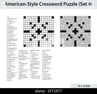 Crossword in stile americano con una griglia 15 x 15. Include griglia di crossword vuota, indizi e soluzione. Illustrazione Vettoriale