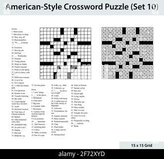 Crossword in stile americano con una griglia 15 x 15. Include griglia di crossword vuota, indizi e soluzione. Illustrazione Vettoriale