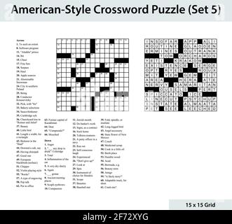 Crossword in stile americano con una griglia 15 x 15. Include griglia di crossword vuota, indizi e soluzione. Illustrazione Vettoriale