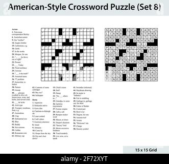 Crossword in stile americano con una griglia 15 x 15. Include griglia di crossword vuota, indizi e soluzione. Illustrazione Vettoriale