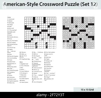 Crossword in stile americano con una griglia 15 x 15. Include griglia di crossword vuota, indizi e soluzione. Illustrazione Vettoriale